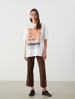 Bisiklet Yaka Roma Bask?l? Oversize Kad?n Ti??rt