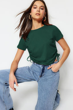 TRENDYOLMILLA Lacivert %100 Pamuk Bisiklet Yaka Buzgulu Basic Orme T-Shirt TWOSS21TS0131 фото 3