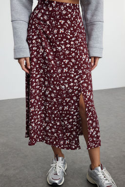 Bordo Y?rtmac Detayl? Cicek Desenli Viskon Kumasl? Midi Dokuma Etek TWOSS20ET0230