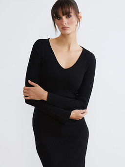 V Yaka Fitilli Triko Elbise