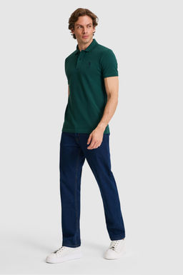 Erkek Slim Fit Polo Yaka Koyu Ye_il Basic Ti__rt