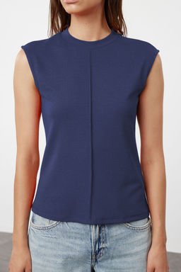 Indigo Viskoz/Yumusak Kumas Fitted/Vucuda Oturan Esnek Orme Bluz TWOSS24BZ00432