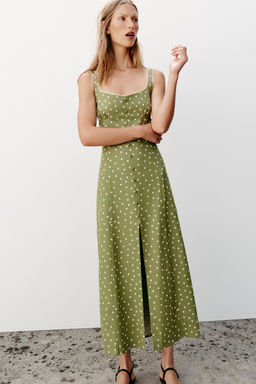 VESTIDO MIDI LUNARES CON LINO / Multicolor