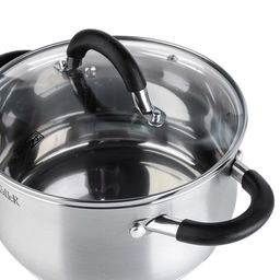 Кастрюля из нержавеющей стали Шелборн 3,2л, д20см, h10,5см, s0,6мм, дно s2,8мм, стеклянная жаропрочная крышка, стальной обод, пароотвод, силиконовые вставки черного цвета, капсулированное дно, полировка внешняя - матовая, внутренняя - зеркальная, м - Домашняя мода фото 4