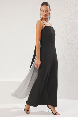 TRENDYOLMILLA Siyah-Beyaz Straplez Dokuma Uzun S?k Abiye & Mezuniyet Elbise TPRSS25AE00085