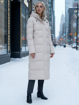 Пальто утепленное стеганное зимнее с капюшоном женское бежевого цвета 9627B - Mtforce фото 21
