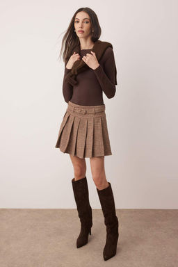 Kahverengi Ekose/Kareli Piliseli Mini Etek TWOAW26ET00014