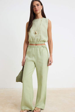 Su Yesili Beli Lastikli %100 Keten Dokuma Pantolon TWOSS26PL00144