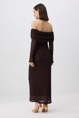 Kahverengi Dantel Astarl? S?k/Gece Maxi Elbise TPRAW26EL00164