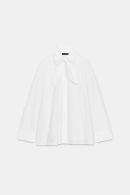 OVERSIZE POPLIN SHIRT WITH LACE-TRIMMED TIE