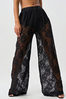 Брюки нарядные кружевные с розами черные