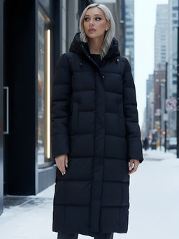 Пальто утепленное стеганное зимнее с капюшоном женское черного цвета 9627Ch - Mtforce фото 19