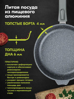 Сковорода 22см АП Гранит со съемной ручкой и стеклянной крышкой арт. С022701 /Мечта/  фото 3