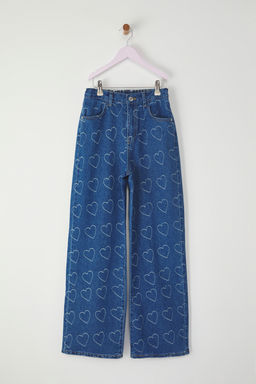 Mavi K?z Cocuk %100 Pamuk Kalp Desenli Flare Genis Paca Lastikli Demim Jean TKDSS25JE00000 - Trendyolmilla фото 4