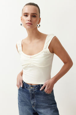 Ekru Carmen Yaka Fitted/Vucuda Oturan Dusuk Kol Buzgu/Drape Detayl? Orme Bluz TWOSS24BZ00500 - Trendyolmilla фото 2