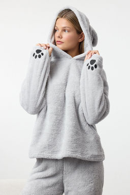 Gri Kapusonlu ve Nak?sl? Wellsoft K?sl?k Orme Pijama Tak?m? THMAW25PT00143