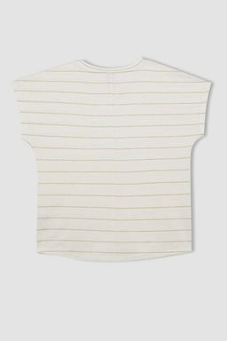 Женская полосатая футболка обычного кроя с круглым вырезом и короткими рукавами - Defacto фото 3