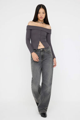 Teen Antrasit Fitted/Vucuda oturan Carmen Yaka Dugmeli Fitilli Esnek Orme Bluz TWOAW26BZ00076