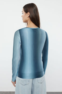 Mavi Regular/Normal Kal?p Bask?l? Pilise Esnek Orme Bluz TWOAW25BZ00120