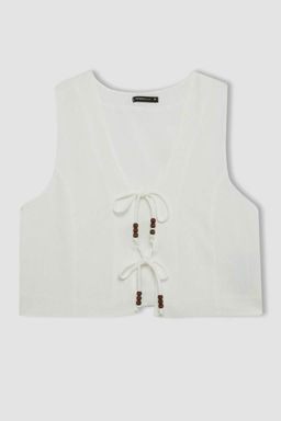 Белый жилет на шнуровке из смесового льна с v-образным вырезом - Defacto фото 8