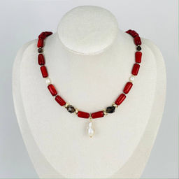 Колье из Коралла, Раухтопаза и Жемчуга 40 см +