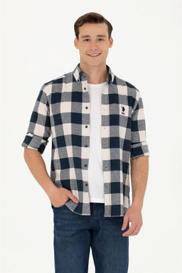 Мужская темно-синяя рубашка с длинным рукавом