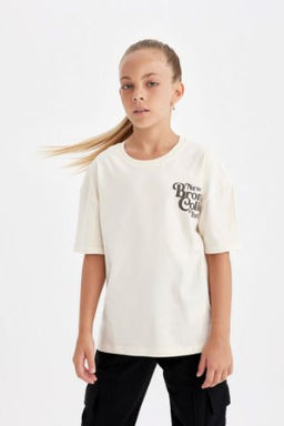 K?z Cocuk Relax Fit Bisiklet Yaka Yaz? Bask?l? K?sa Kollu Tisort