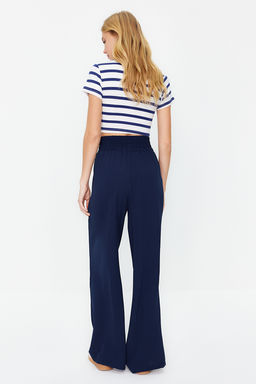 Lacivert Wide Leg/Genis Paca Beli Lastikli Dokuma Pantolon TWOSS22PL00024