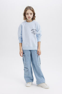 Relax Fit Bisiklet Yaka Bask_l_ Sweatshirt K_z _ocuk - Defacto фото 2