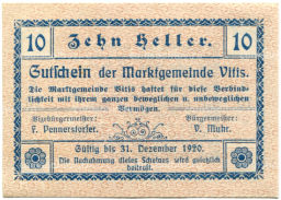 Банкнота 10 геллеров 1920 года Австрия  Витис (нотгельд)