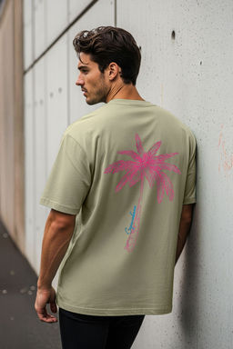 Trendyolmilla Man Mint Oversize/Genis Kesim Tropikal Bask?l? %100 Pamuk T-Shirt TMNSS25TS00218