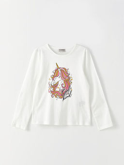 Bisiklet Yaka Bask?l? Uzun Kollu Pamuklu K?z ?ocuk Ti??rt