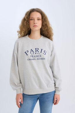 Relax Fit Bisiklet Yaka Bask?l? Sweatshirt Kumas? Sweatshirt