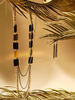 Набор 2 предмета: серьги, бусы Унисон прямоугольники, чёрный в золоте, 80 см