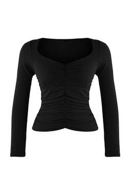 More Sustainable Siyah Fitted/Vucuda Oturan Buzgulu V Yaka Uzun Kollu Esnek Orme Bluz TWOAW26BZ00163
