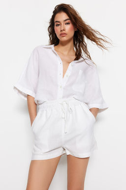 Beyaz %100 Keten Beli Lastikli Yuksek Bel Sort TWOSS23SR00319