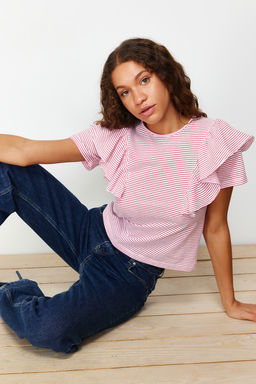 TRENDYOLMILLA Siyah Kollar? F?rf?rl? Regular/Normal Kal?p Cizgili Bisiklet Yaka Orme T-Shirt TWOSS24TS00061 фото 11
