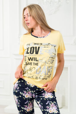 Пижама женская домашний из футболки и бридж Букетик желтый темно-синий с принтом LOVE - Амадэль фото 10
