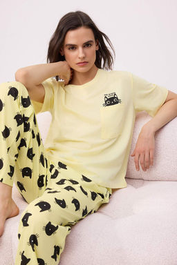 Trendyolmilla Pembe %100 Pamuklu Kedi Desenli Orme Pijama Tak?m? THMSS25PT00161 фото 6