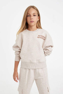 Толстовка с короткими рукавами и круглым вырезом для девочек с принтом и надписью