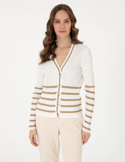 Ekru Slim Fit _izgili Triko H_rka