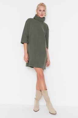 Haki Bal?kc? Yaka Shift/Duz Mini Selanik Uzun Kollu Orme Elbise TWOAW20EL1110