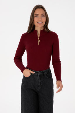 Kad_n Bordo V Yaka Fermuarl_ Kazak