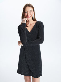 Kruvaze Yaka Parlak G?r?n?ml? Uzun Kollu Kad?n Abiye Elbise