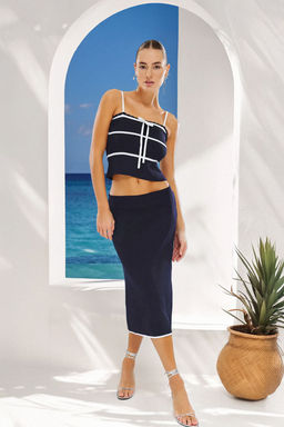 Lacivert Cizgili Kurdele Detayl? Bluz-Etek Alt-Ust Tak?m TWOSS25AU00063