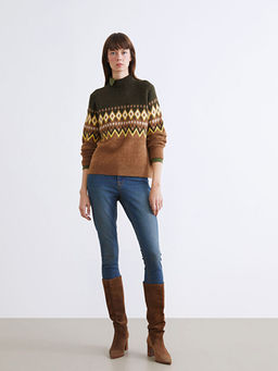 Yar?m Bal?k?? Yaka Desenli Kad?n Triko Kazak