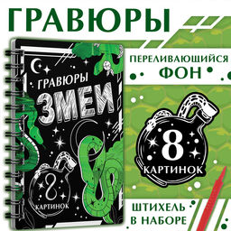 Цена за 6 шт. Гравюра-блокнот детская Змеи, 8 картинок, переливающийся фон, со штихелем