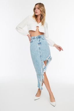 Mavi Puskullu Asimetrik Midi Denim Etek TWOAW22ET0140 - Trendyolmilla фото 8