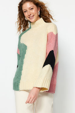 Bej Yumusak Dokulu Renk Bloklu Genis Kal?p Triko Kazak TWOAW20XS0047