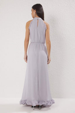 Trendyolmilla Gri Tas Isleme Detayl? Etekleri Volanl? Dokuma Maxi Abiye & Mezuniyet Elbisesi TPRSS25EL00295  фото 4